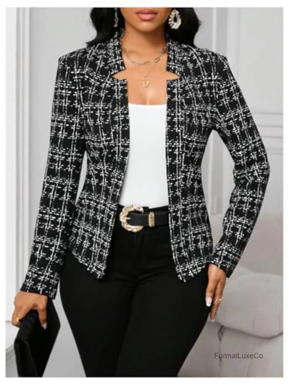 Vintage Tweed Blazer Open Front Long Sleeve Work Suit Jacket